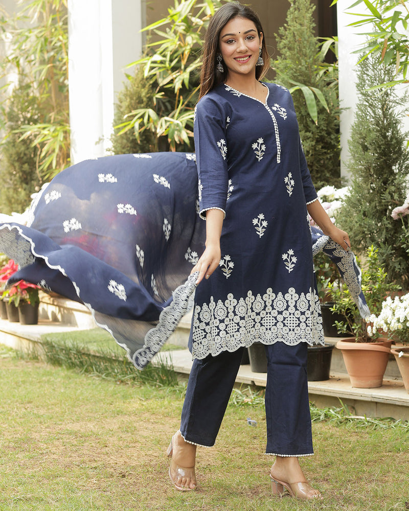 NAVY BLUE EMBROIDERED COTTON FLEX SUIT SET
