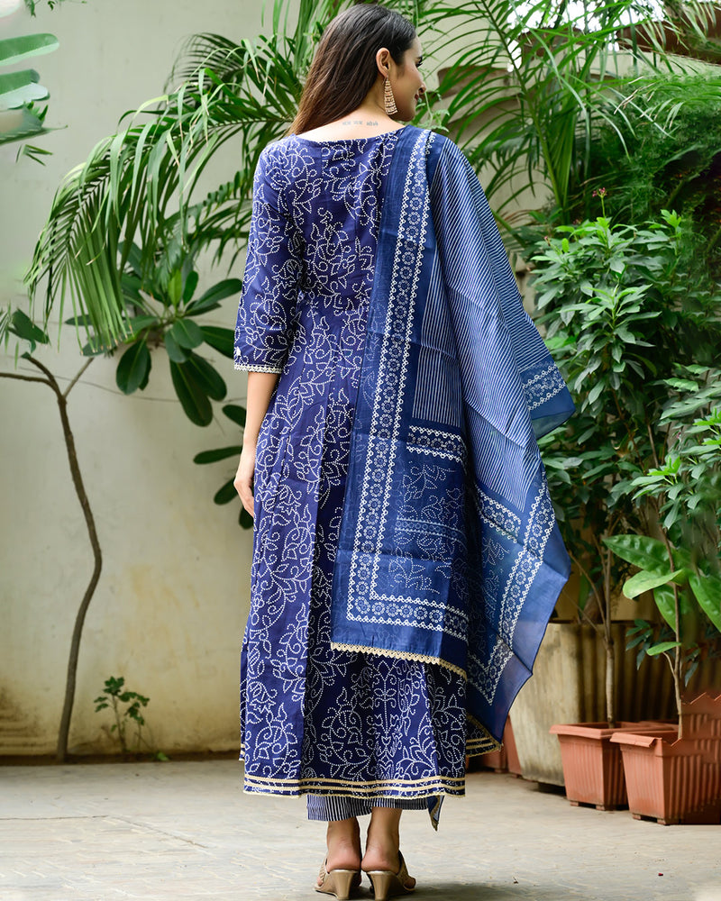 MIDNIGHT BLUE PRINTED ANARKALI SUIT SET