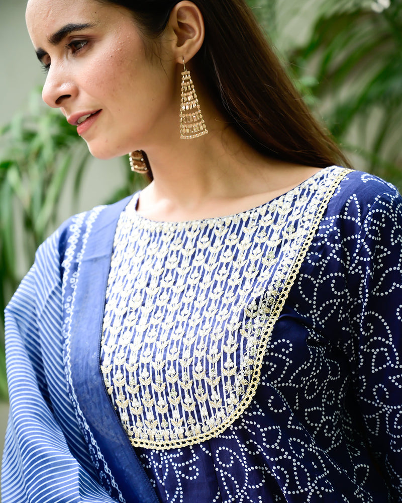 MIDNIGHT BLUE PRINTED ANARKALI SUIT SET