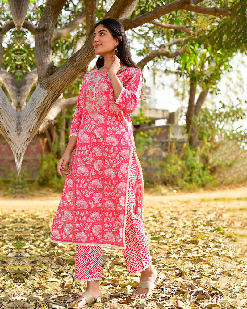 BRICK PINK COTTON KURTA SET
