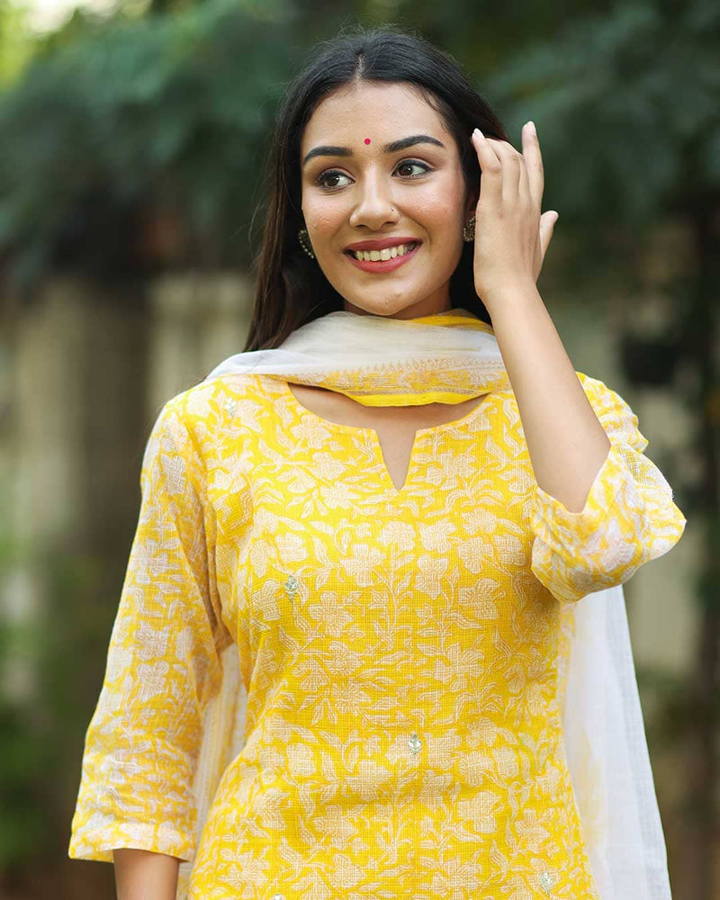 YELLOW KOTA DORIA KURTA WITH DUPATTA
