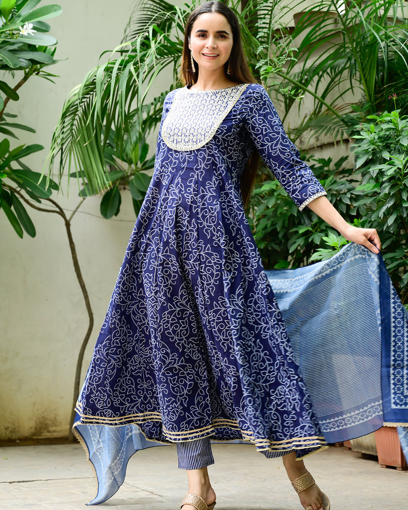 MIDNIGHT BLUE PRINTED ANARKALI SUIT SET