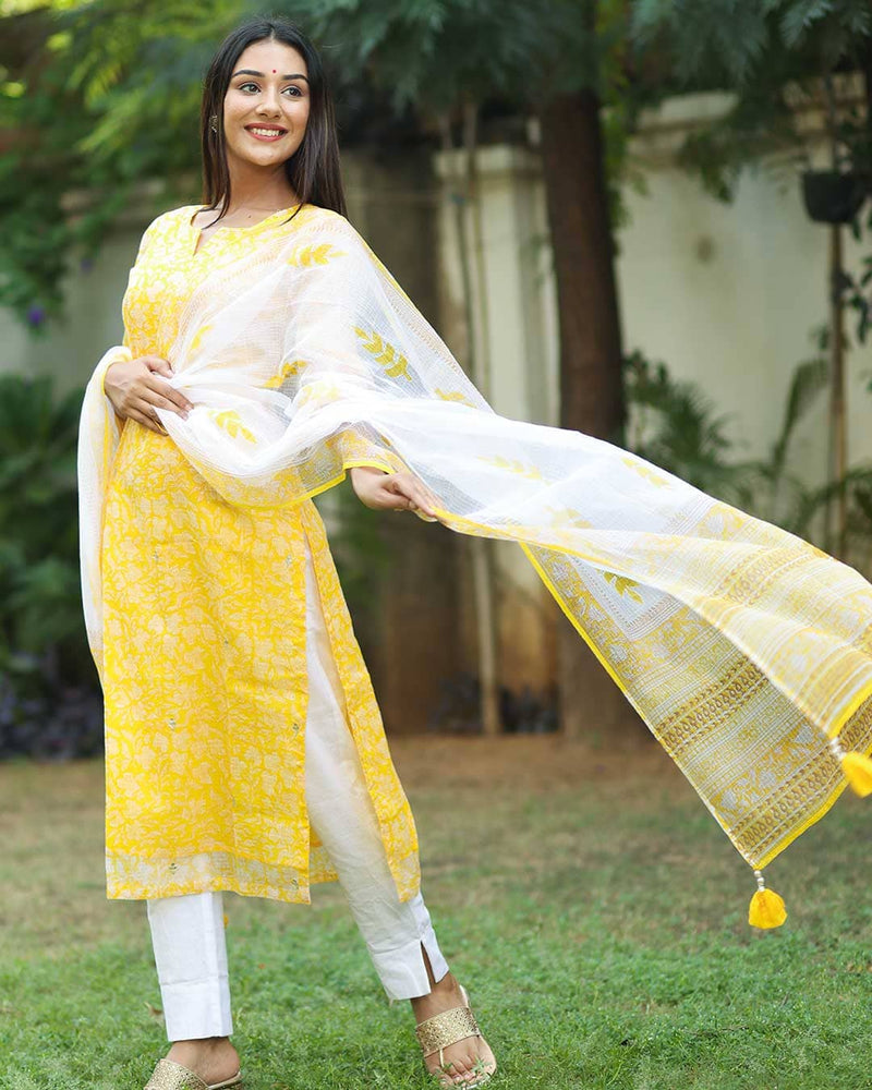 YELLOW KOTA DORIA KURTA WITH DUPATTA