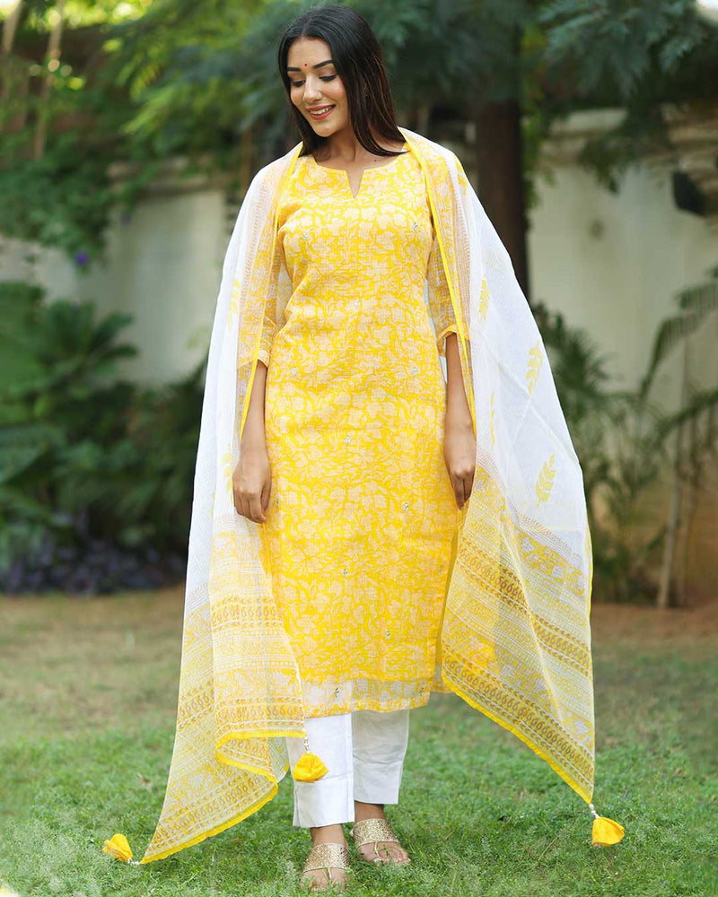 YELLOW KOTA DORIA KURTA WITH DUPATTA