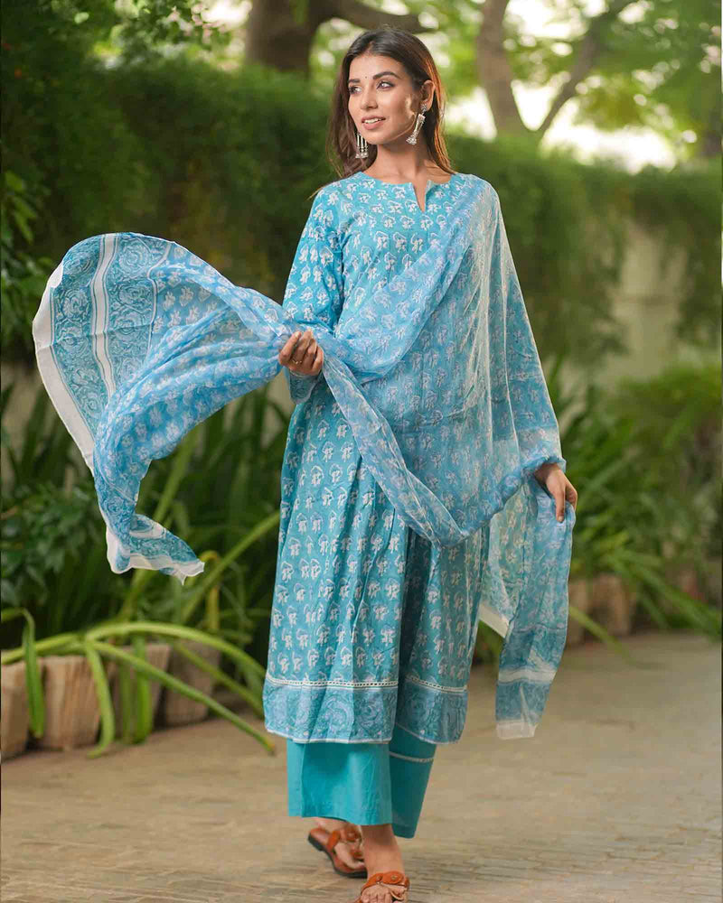 SKY BLUE HANDBLOCK SUIT SET
