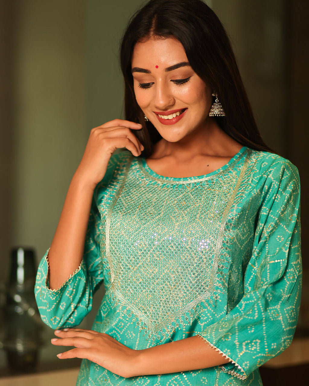 TURQUOISE MUSLIN KURTA WITH GOTTA WORK