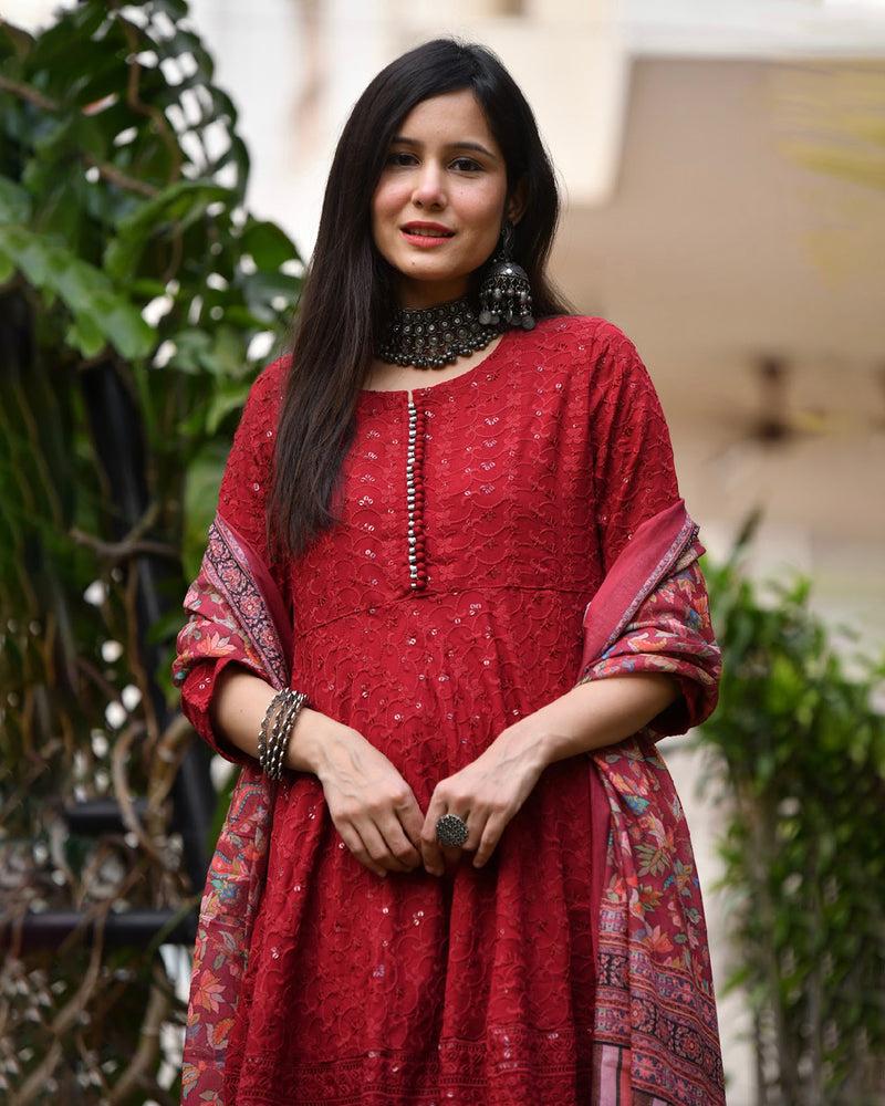 RED RAYON SHARARA WITH NAZNEEN DUPATTA
