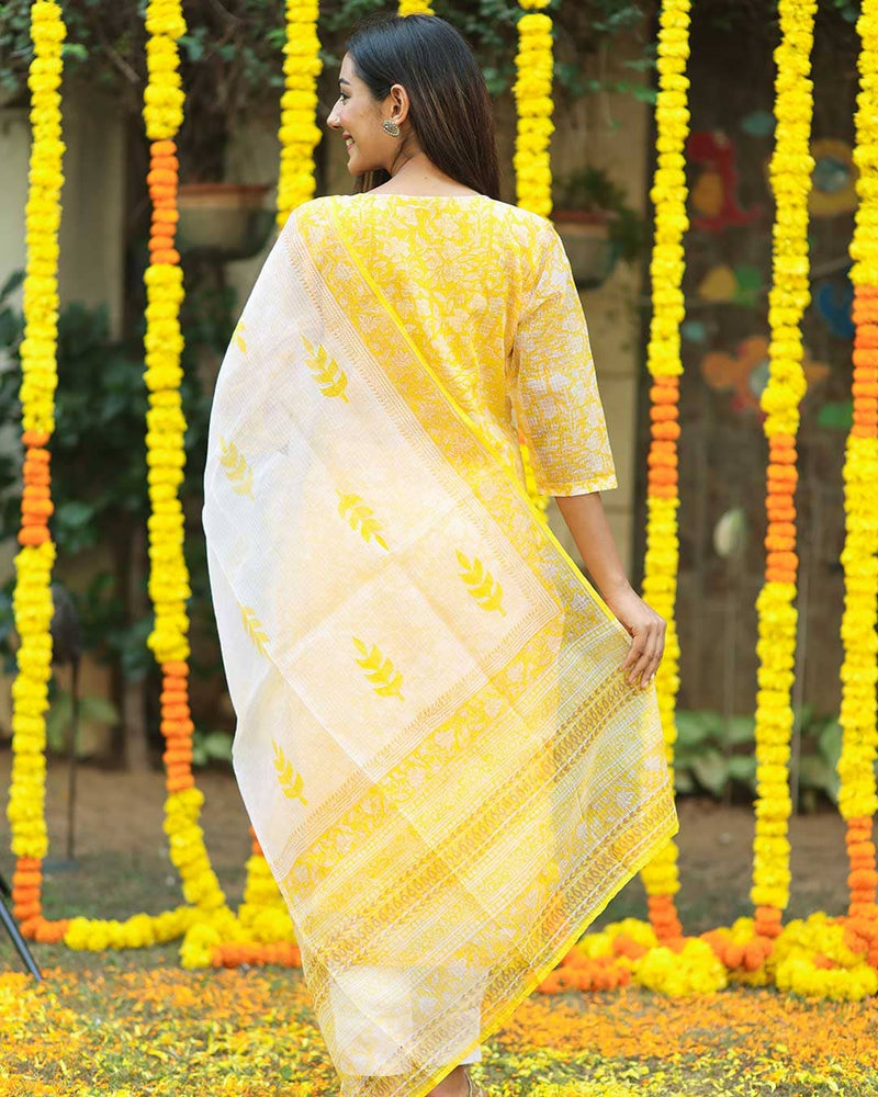 YELLOW KOTA DORIA KURTA WITH DUPATTA