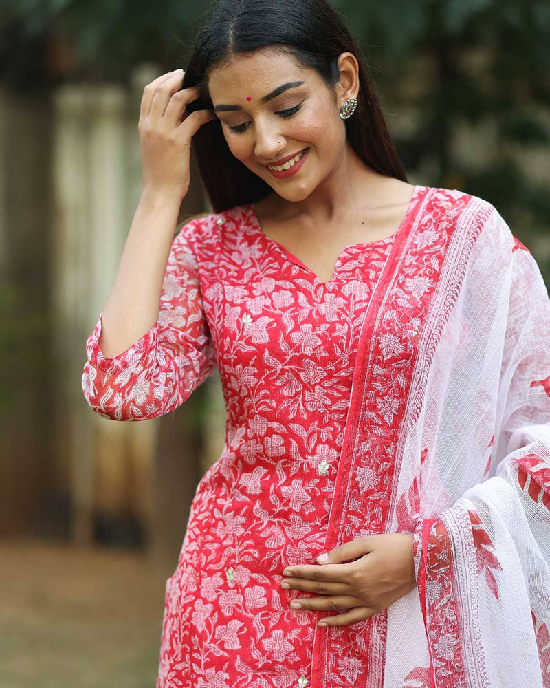 CARROT RED KOTA DORIA KURTA WITH DUPATTA