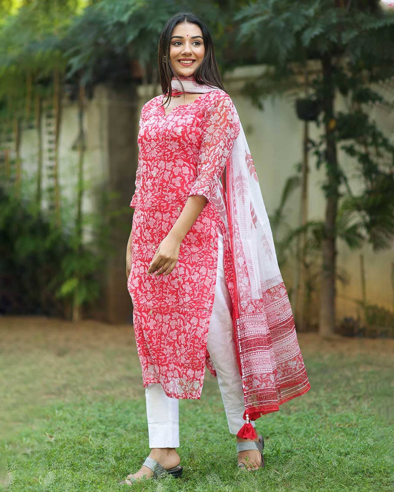 CARROT RED KOTA DORIA KURTA WITH DUPATTA