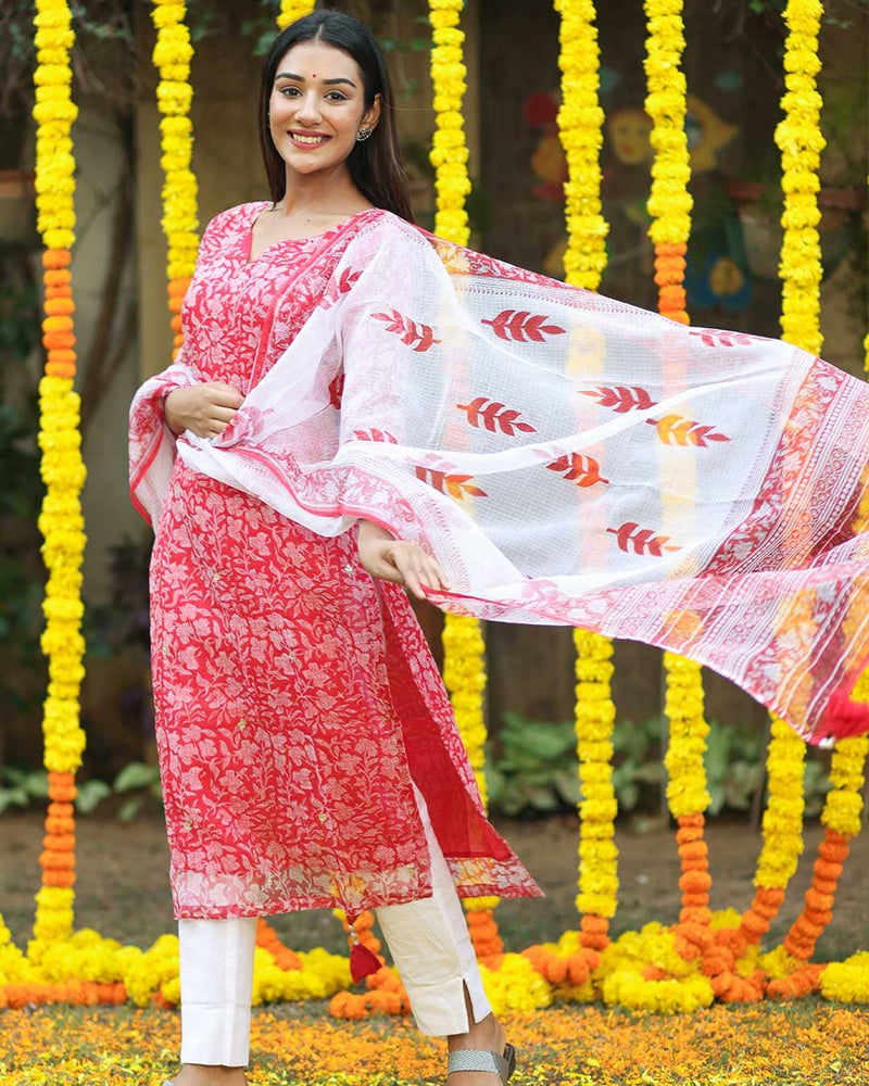 CARROT RED KOTA DORIA KURTA WITH DUPATTA