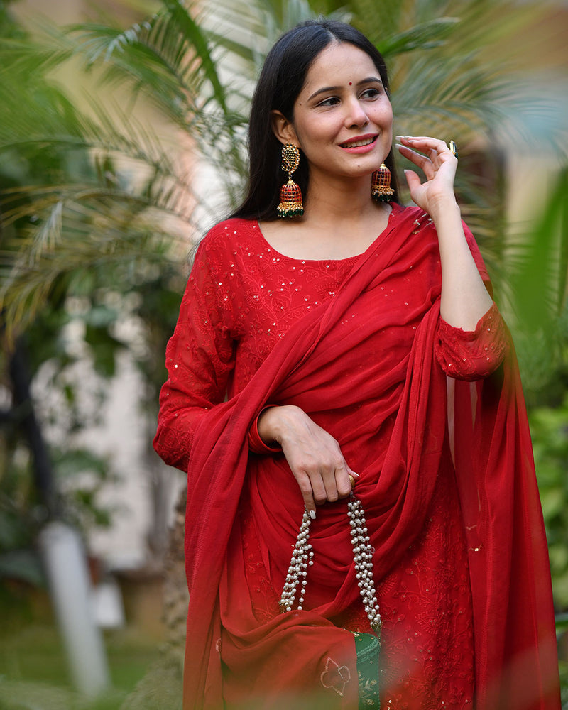 CHERRY RED GEORGETTE EMBROIDERED SUIT SET