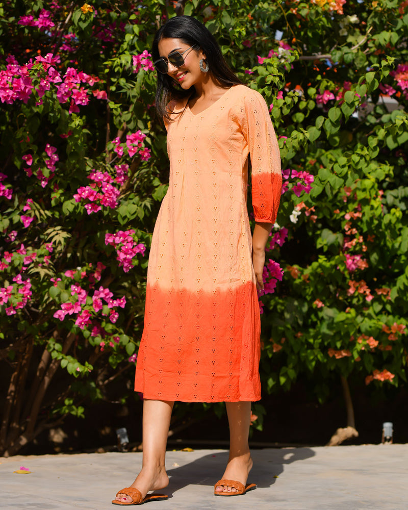 ORANGE TIE & DYE SCHIFFLI DRESS