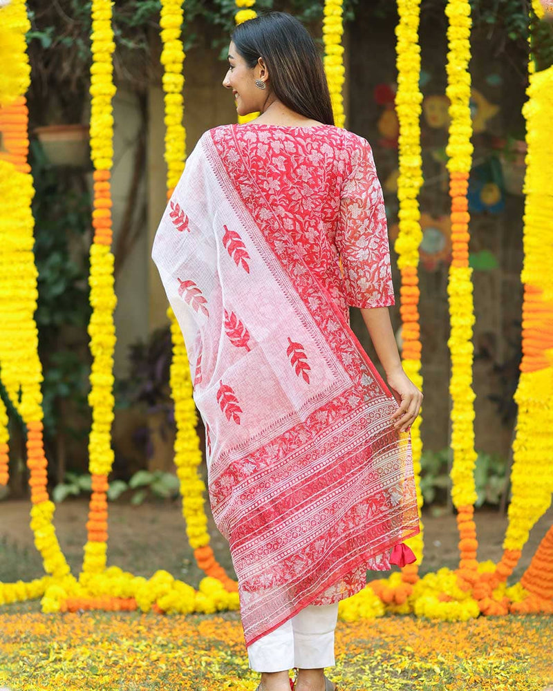 CARROT RED KOTA DORIA KURTA WITH DUPATTA