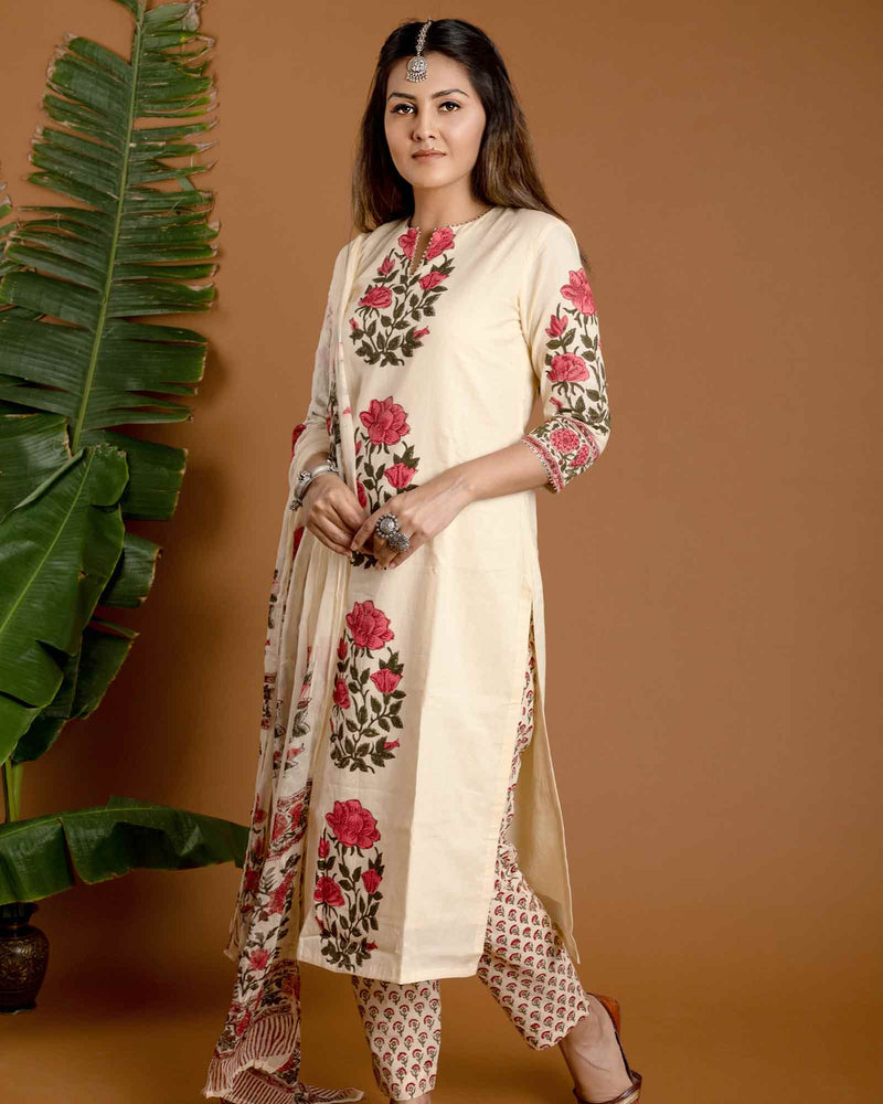 PINK & CREAM HANDBLOCK SUIT SET