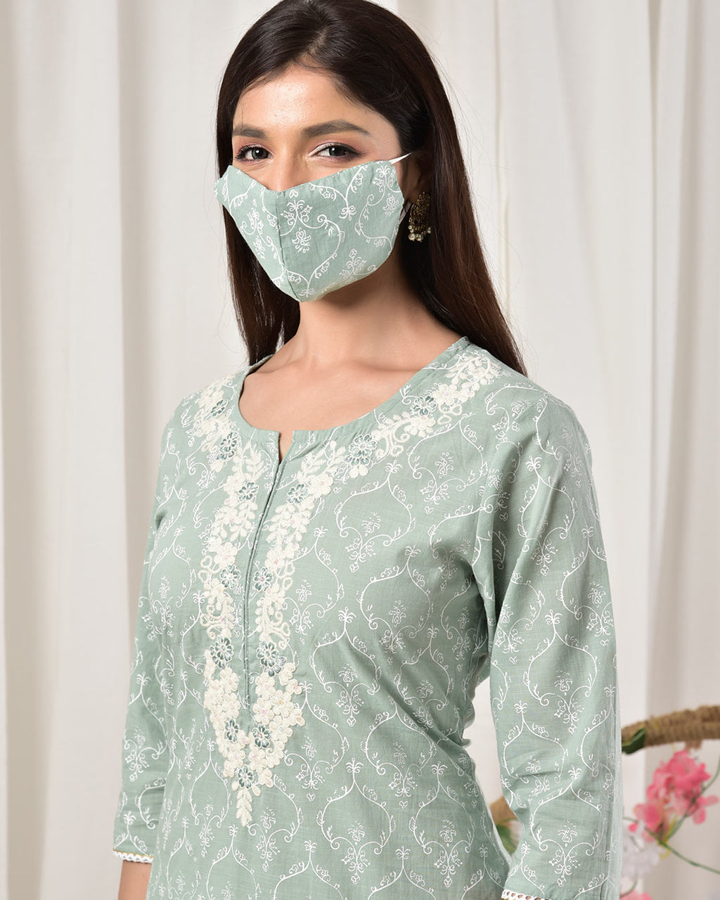 FERN GREEN EMBROIDERED COTTON KURTA