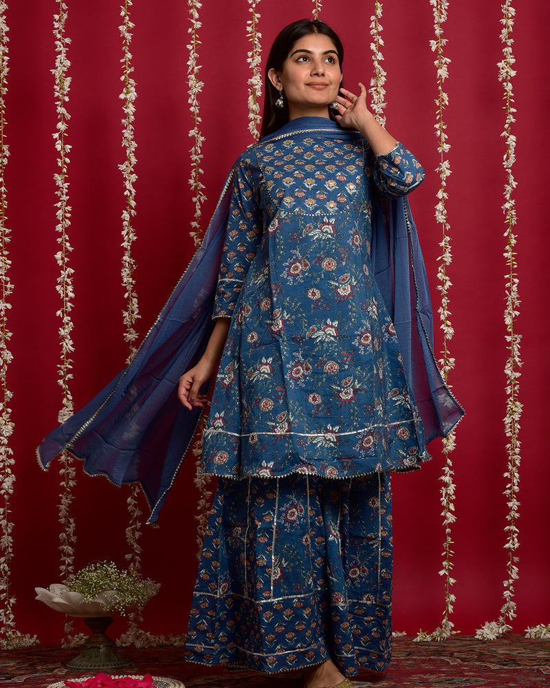 BLUE COTTON SHARARA SET