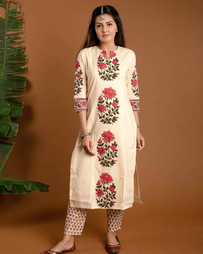 PINK & CREAM HANDBLOCK SUIT SET