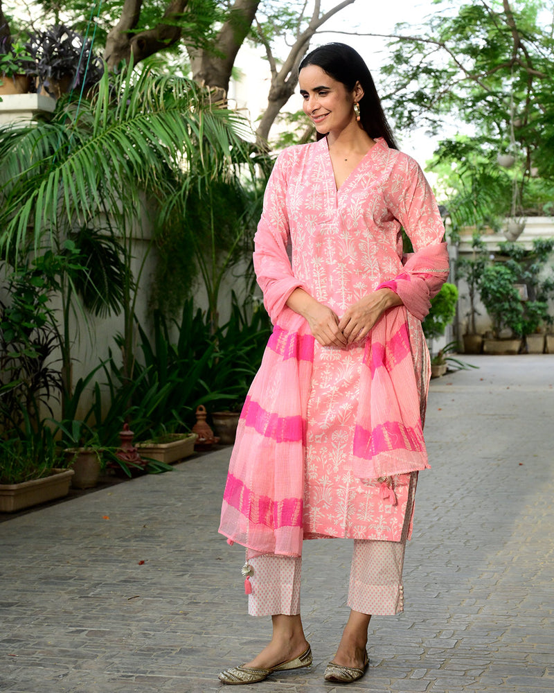PINK & WHITE HANDBLOCK SUIT SET