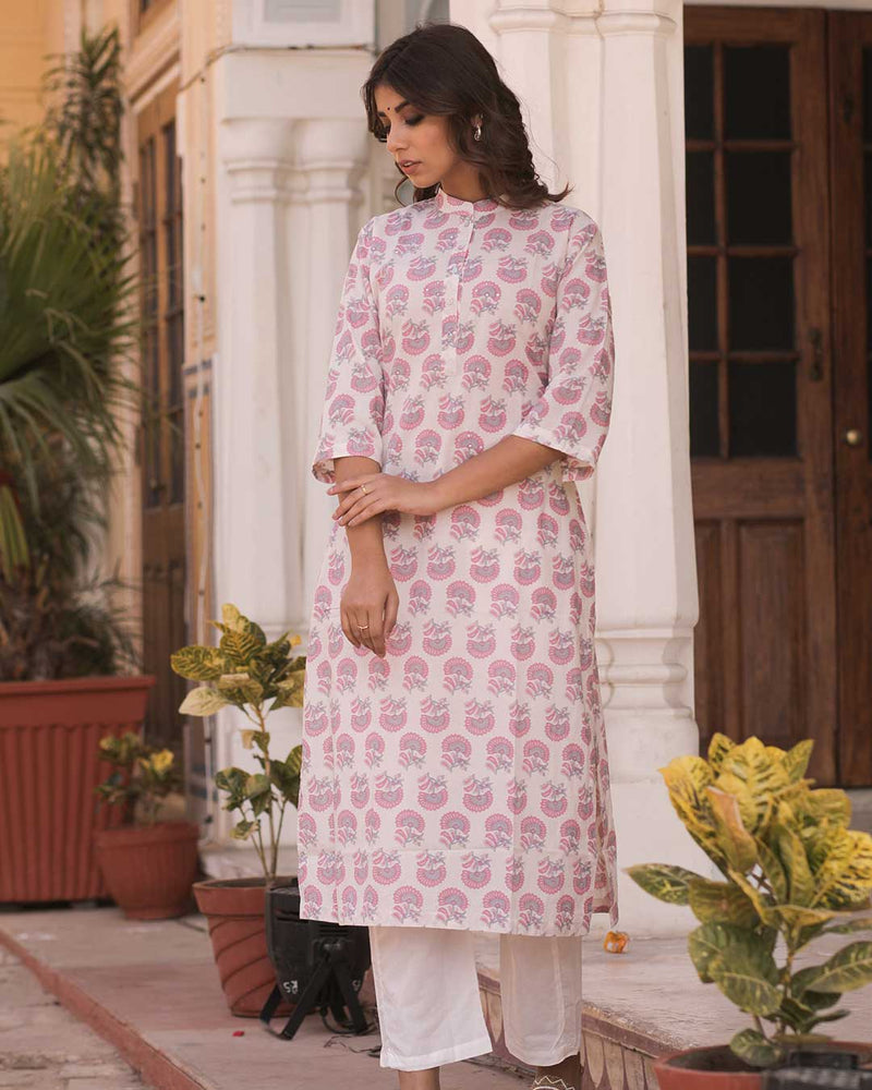 WHITE & PINK HANDBLOCK KURTA