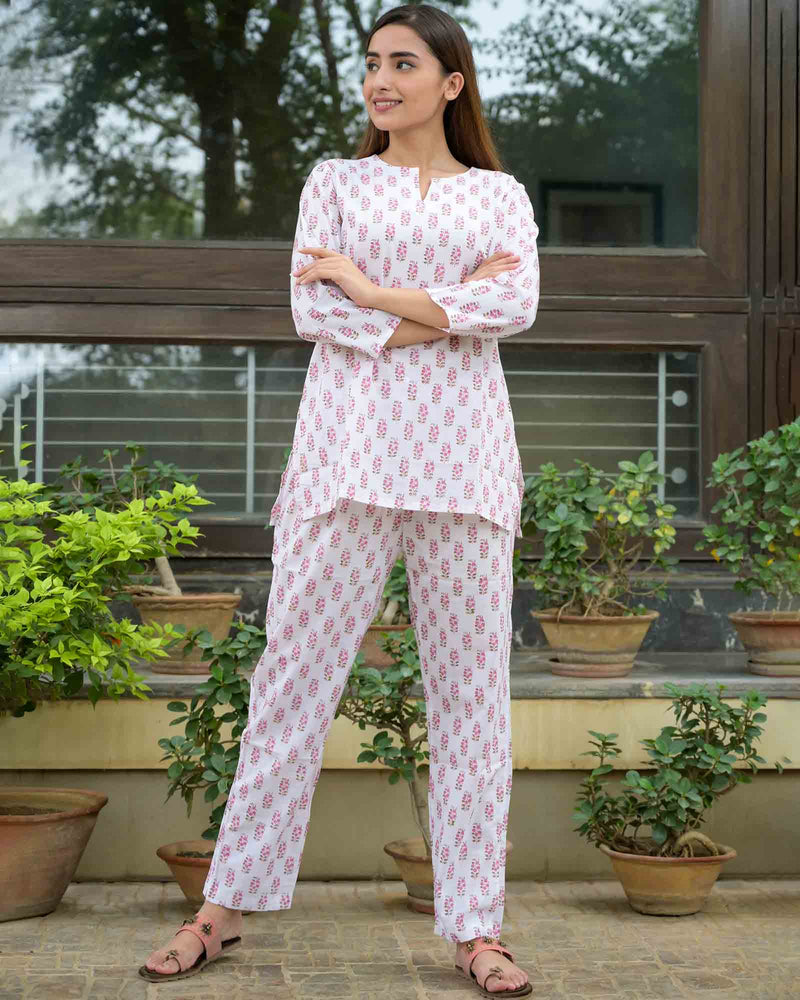 WHITE & PINK HANDBLOCK PAJAMA SET