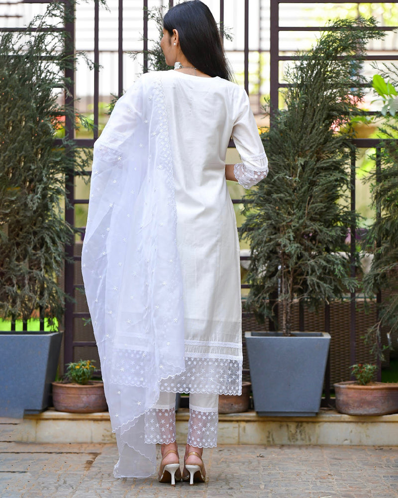 WHITE CHANDERI SUIT SET WITH ORGANZA DUPATTA