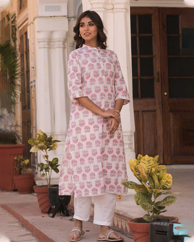 WHITE & PINK HANDBLOCK KURTA