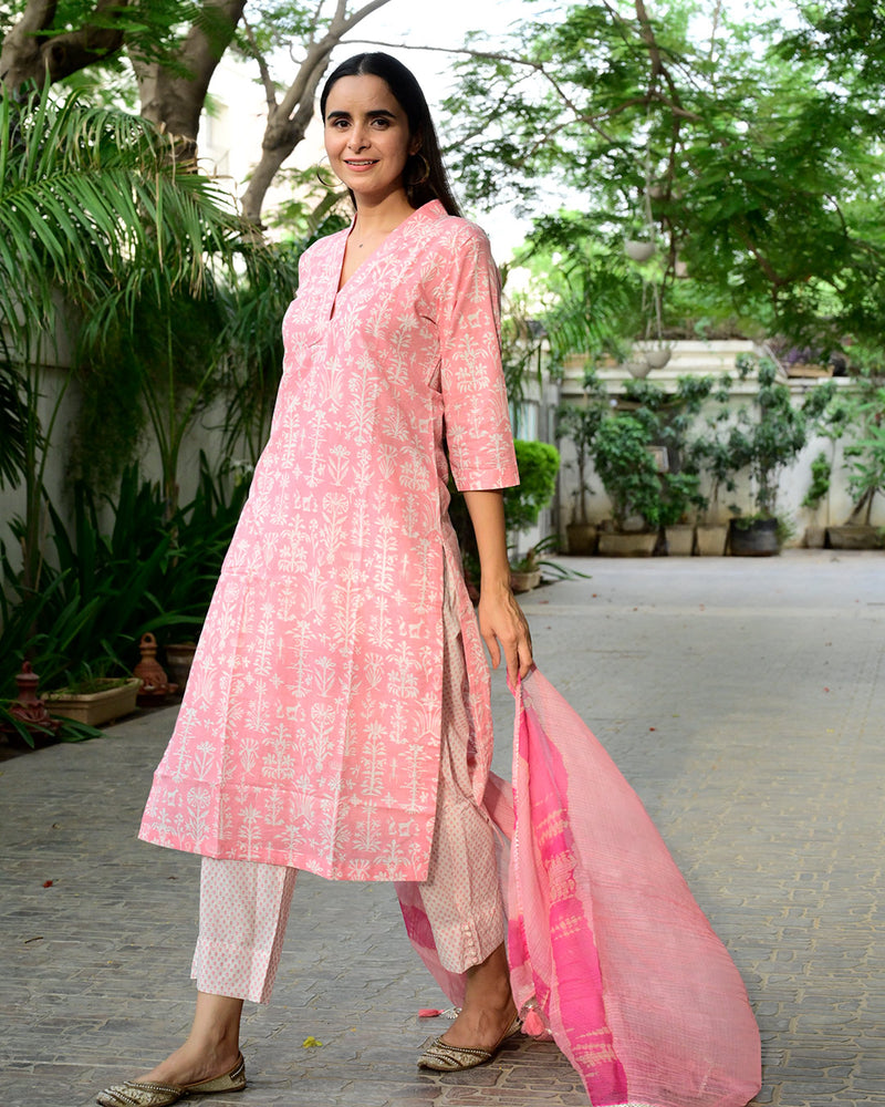 PINK & WHITE HANDBLOCK SUIT SET