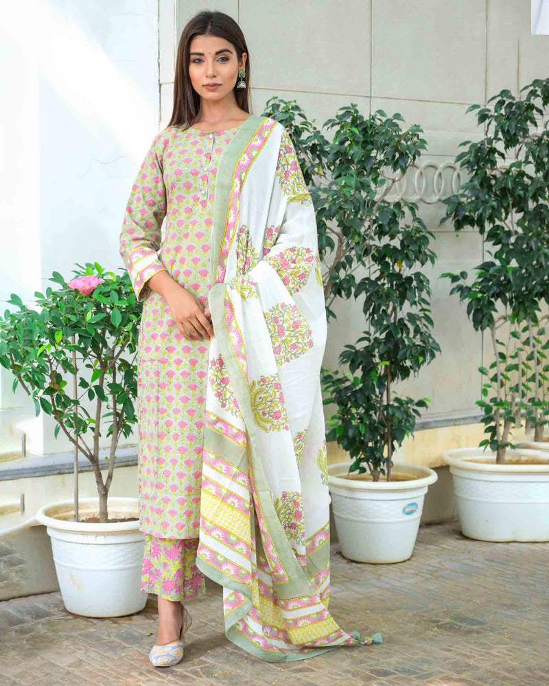 MOSS GREEN HANDBLOCK SUIT SET