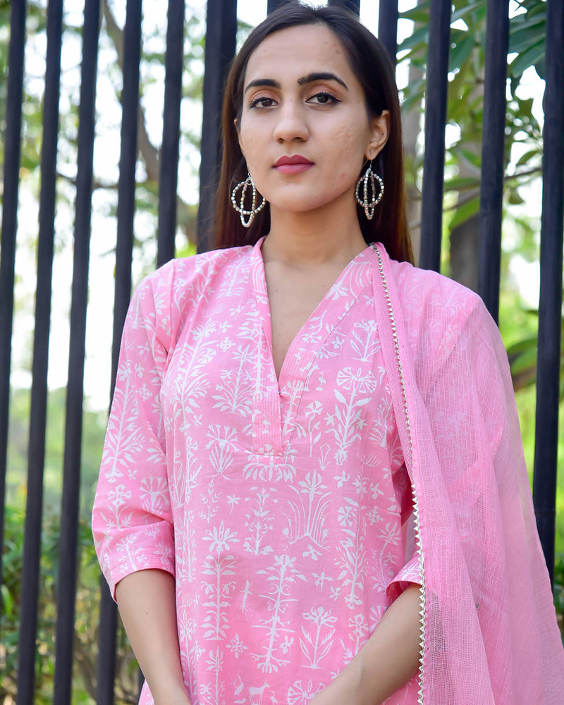 PINK & WHITE HANDBLOCK SUIT SET