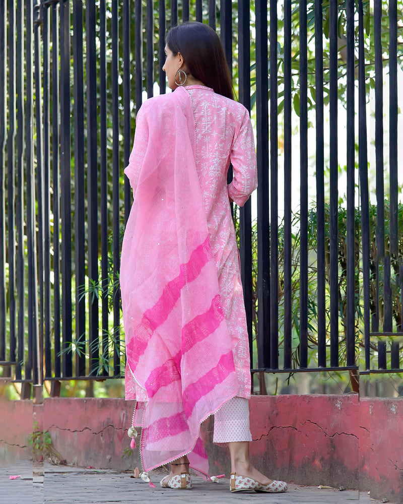 PINK & WHITE HANDBLOCK SUIT SET