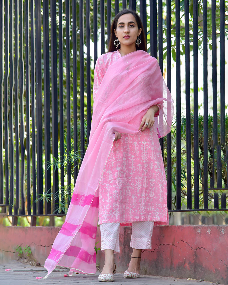 PINK & WHITE HANDBLOCK SUIT SET