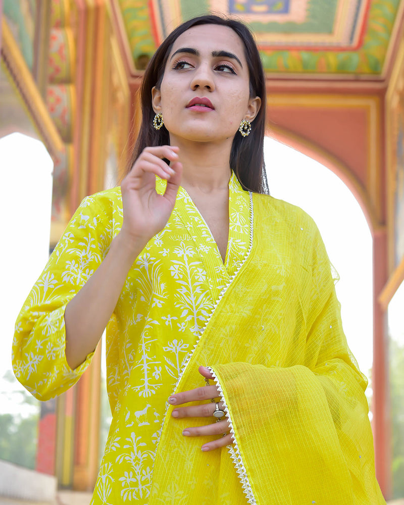 LIME GREEN & YELLOW HANDBLOCK SUIT SET