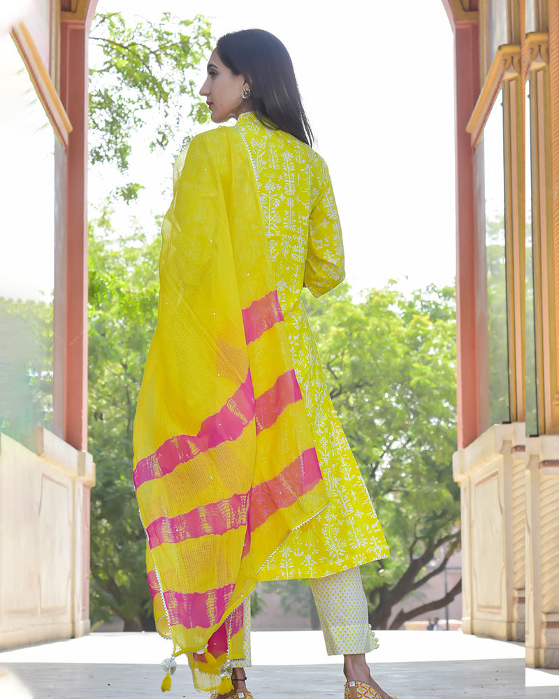 LIME GREEN & YELLOW HANDBLOCK SUIT SET