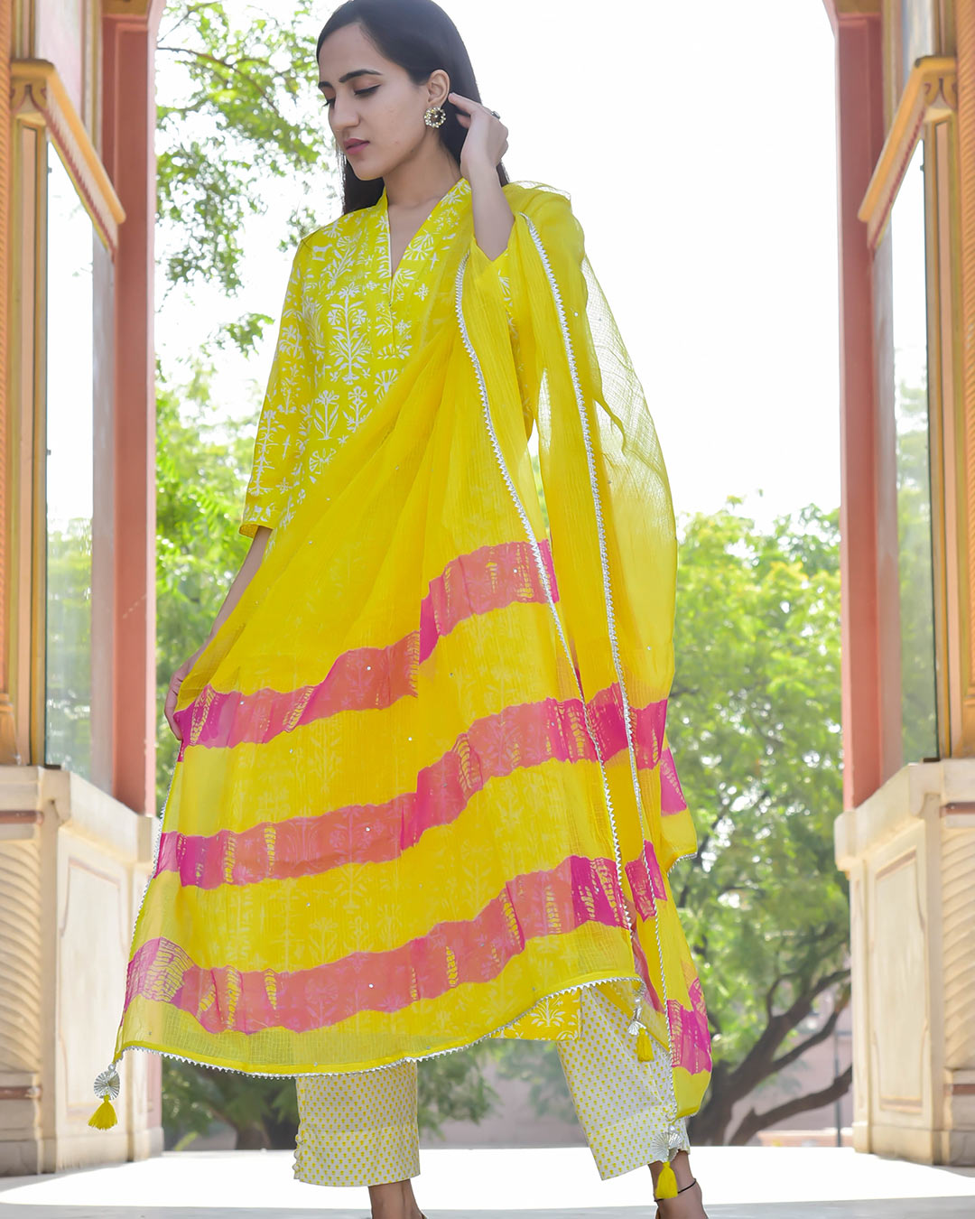 LIME GREEN & YELLOW HANDBLOCK SUIT SET