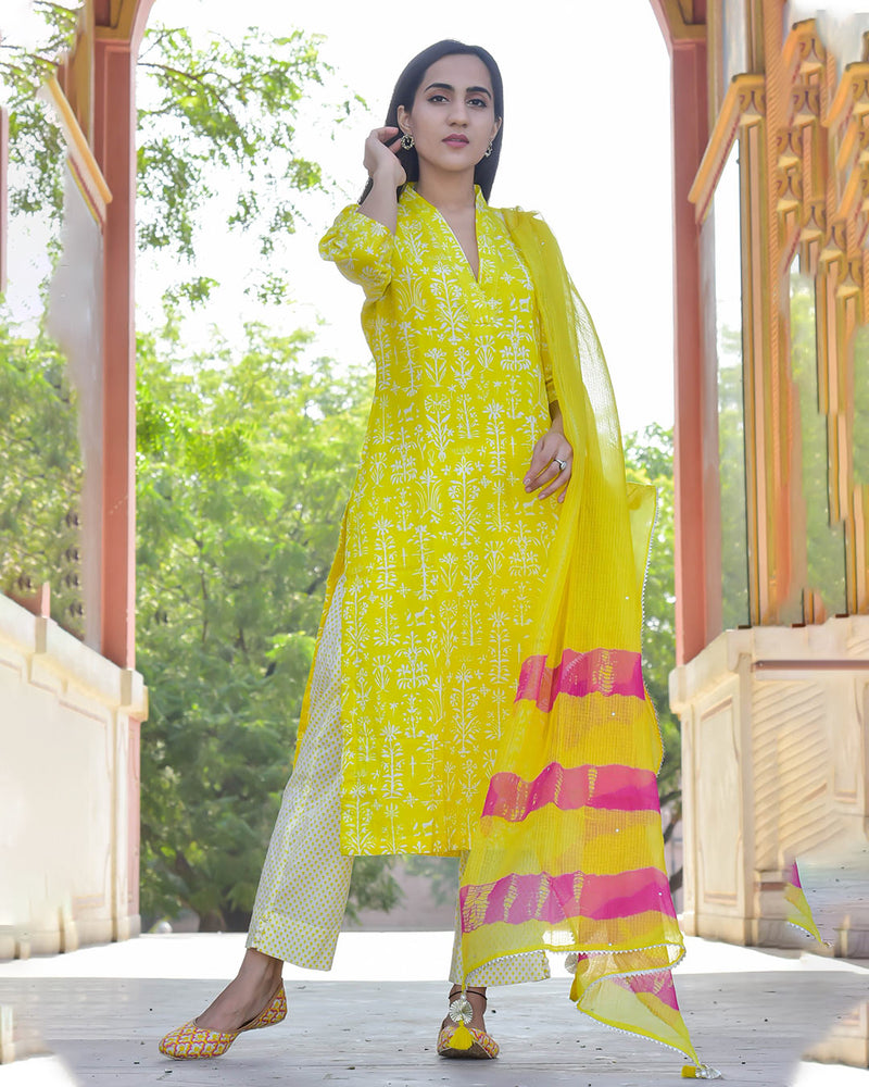 LIME GREEN & YELLOW HANDBLOCK SUIT SET
