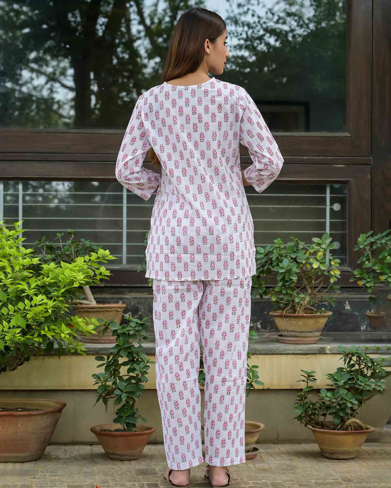 WHITE & PINK HANDBLOCK PAJAMA SET