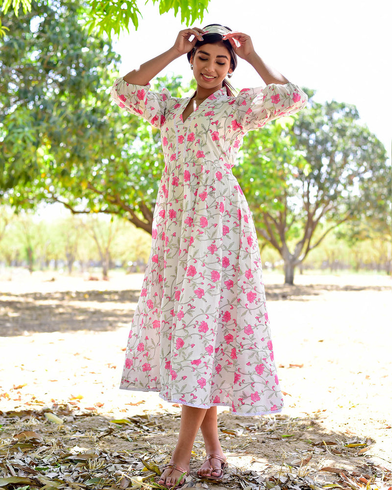 WHITE & PINK HANDBLOCK DRESS