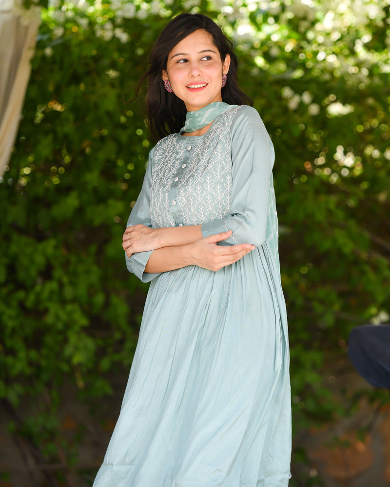 FERN GREEN MUSLIN SUIT SET WITH EMBROIDERY
