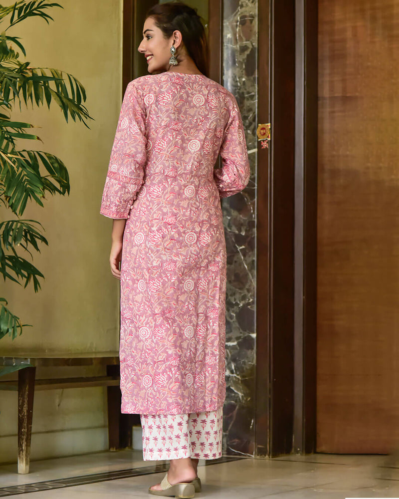 CARROT PINK HANDBLOCK SUIT SET