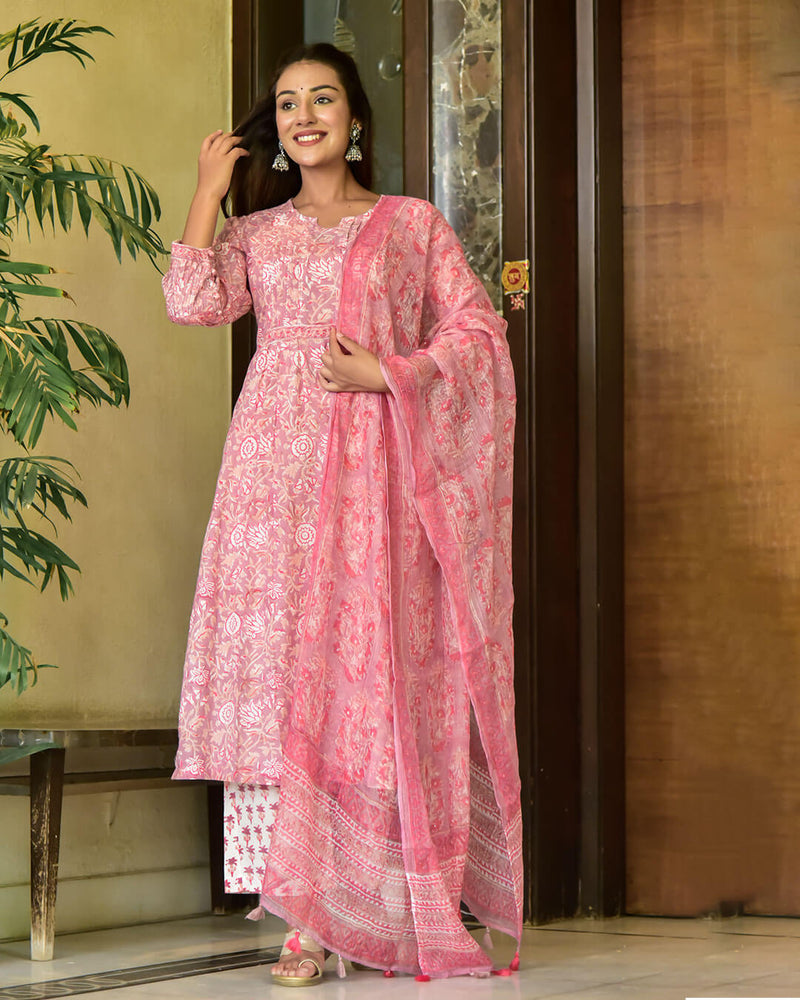 CARROT PINK HANDBLOCK SUIT SET