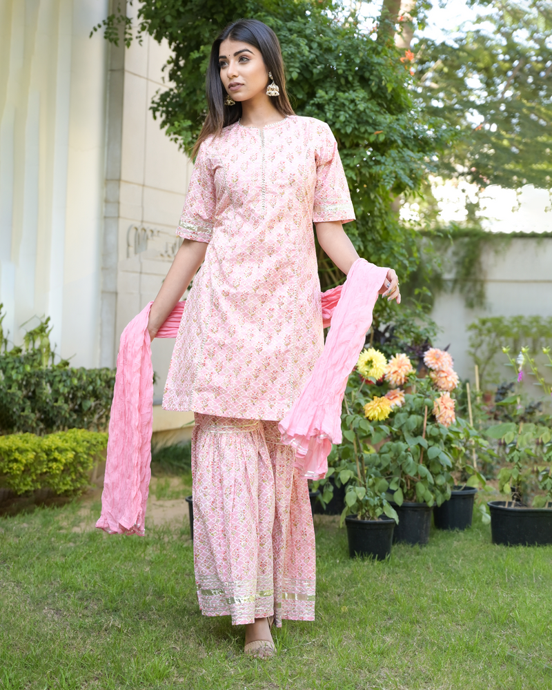 PINK HANDBLOCK GHARARA SET