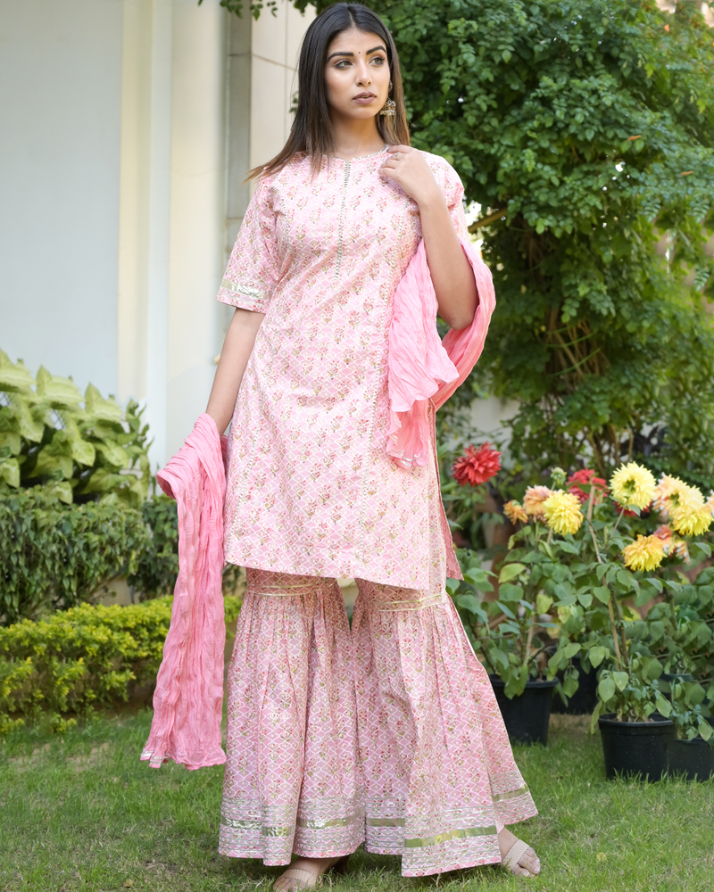 PINK HANDBLOCK GHARARA SET