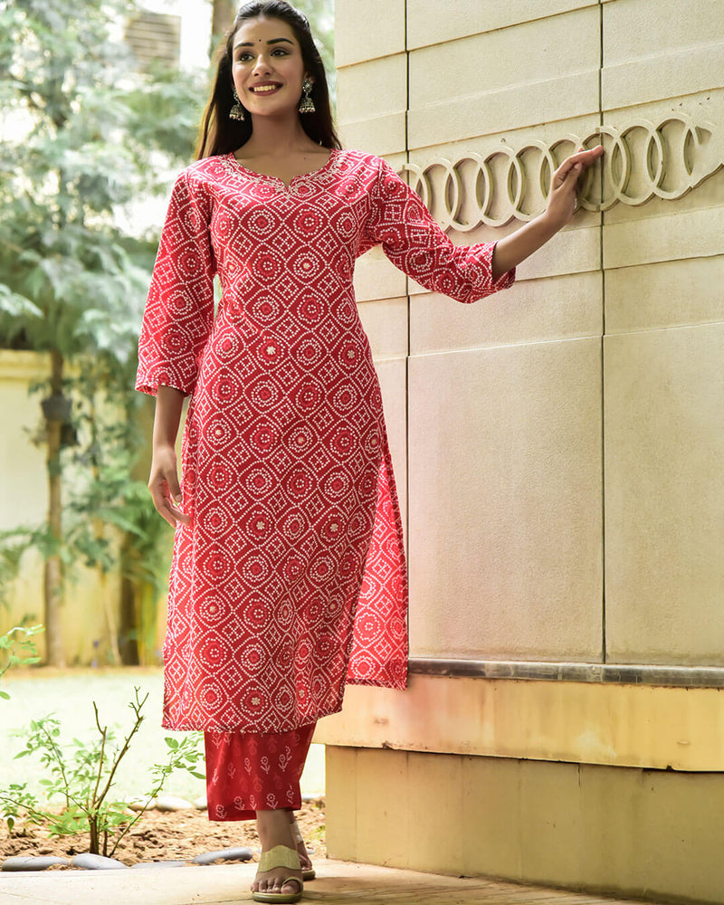 RED BANDHANI COTTON KURTA SET