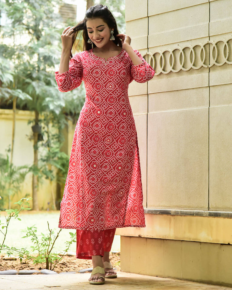 RED BANDHANI COTTON KURTA SET