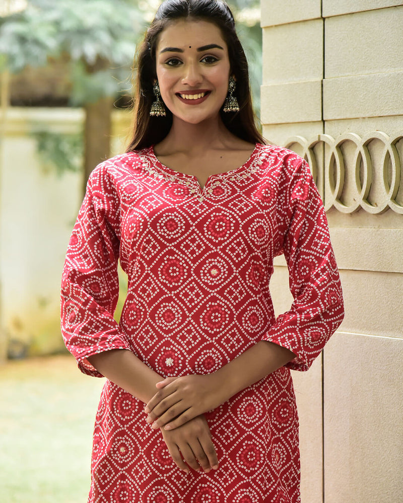 RED BANDHANI COTTON KURTA SET