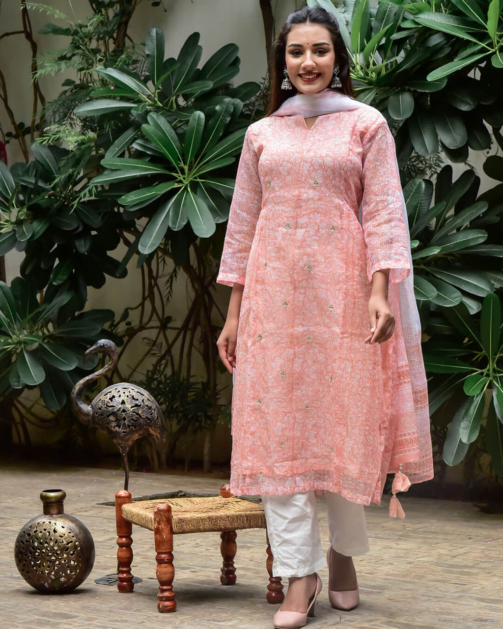 PEACH KOTA DORIA KURTA WITH DUPATTA