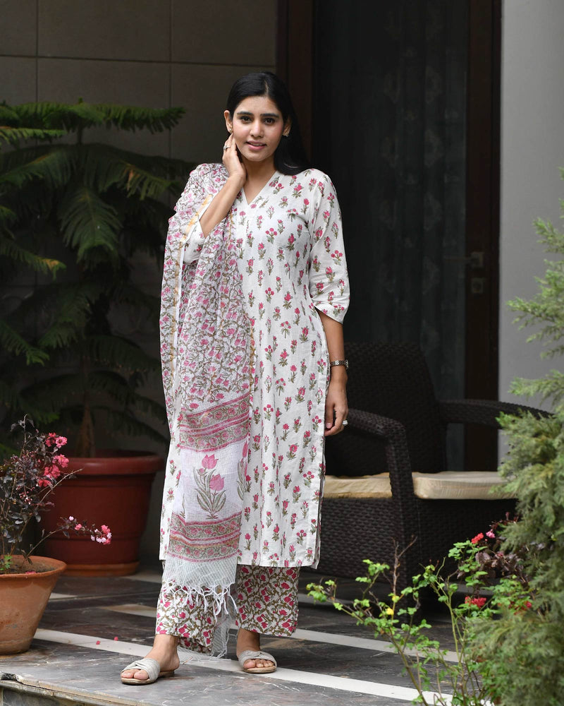 WHITE & PINK HANDBLOCK COTTON SUIT SET