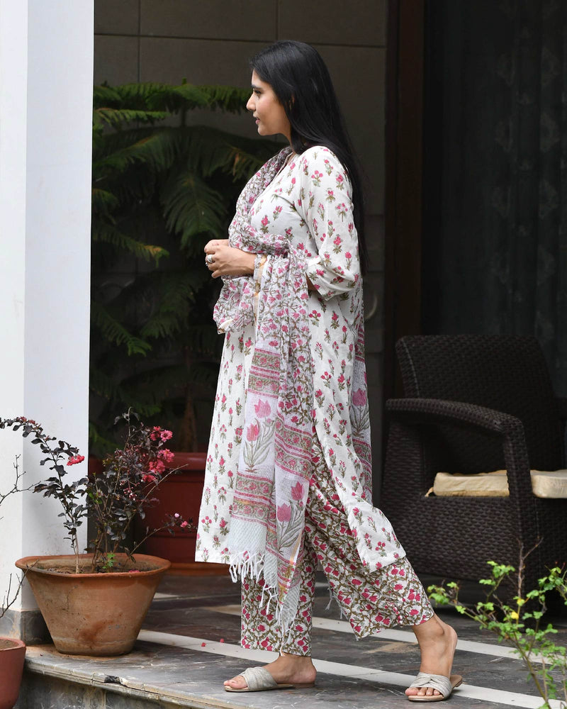 WHITE & PINK HANDBLOCK COTTON SUIT SET