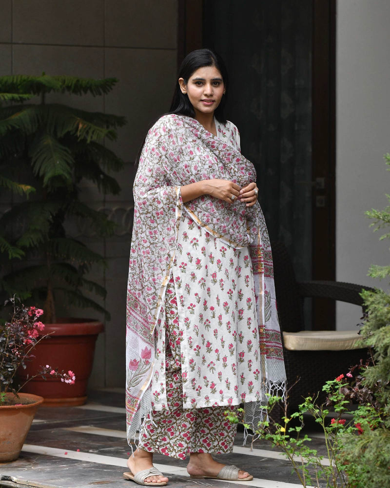 WHITE & PINK HANDBLOCK COTTON SUIT SET